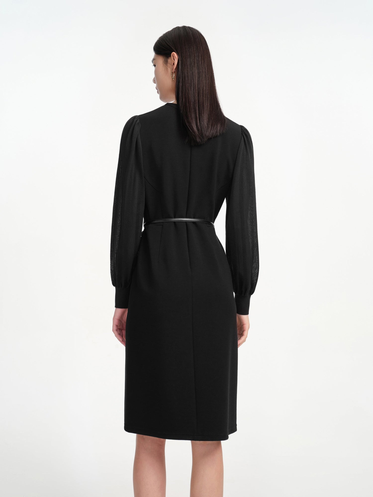 V-Neck Sheer Textured Sleeve Midi Dress | Black