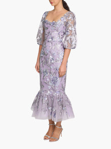 Botanist Bloom Embroidered Puff Sleeve Midi Dress | Lilac