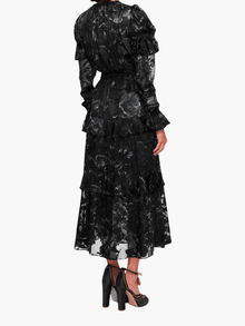 Diantha Dress Ruffle Burnout Satin Midi Dress | Black