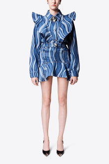 Sunray Denim Ruffle Bib Shirt | Indigo Multi
