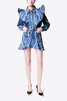 Sunray Denim Ruffle Bib Shirt | Indigo Multi