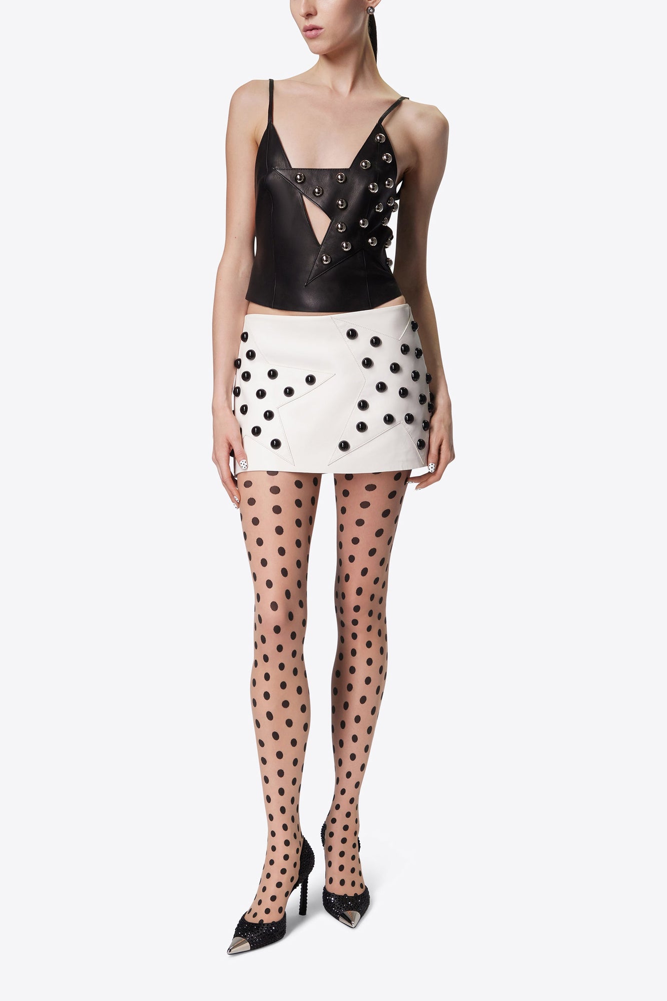 Studded Polka Dot Leather Top | Black