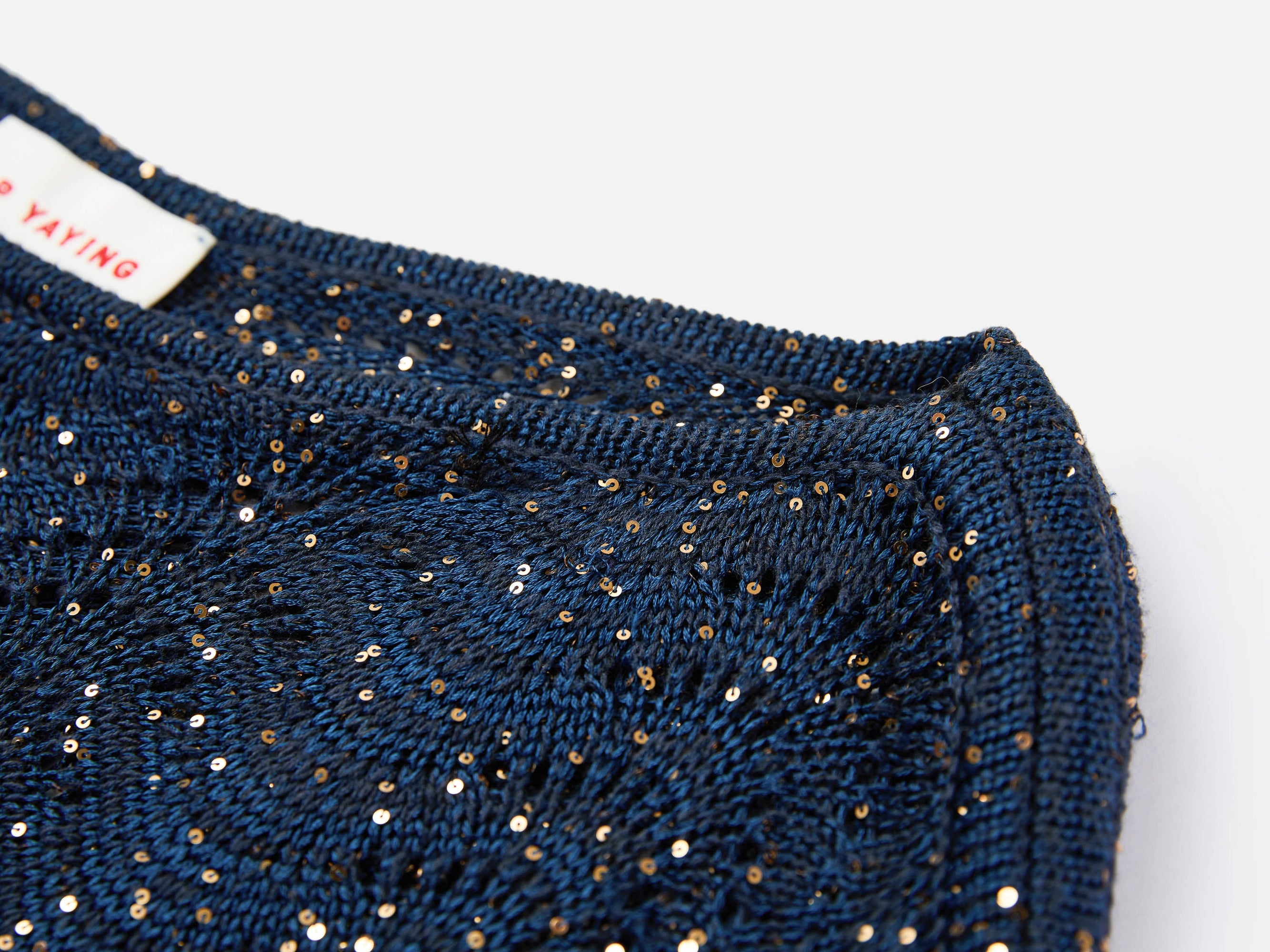 Sequin Embroidery Designer Cropped Knit Top | Navy