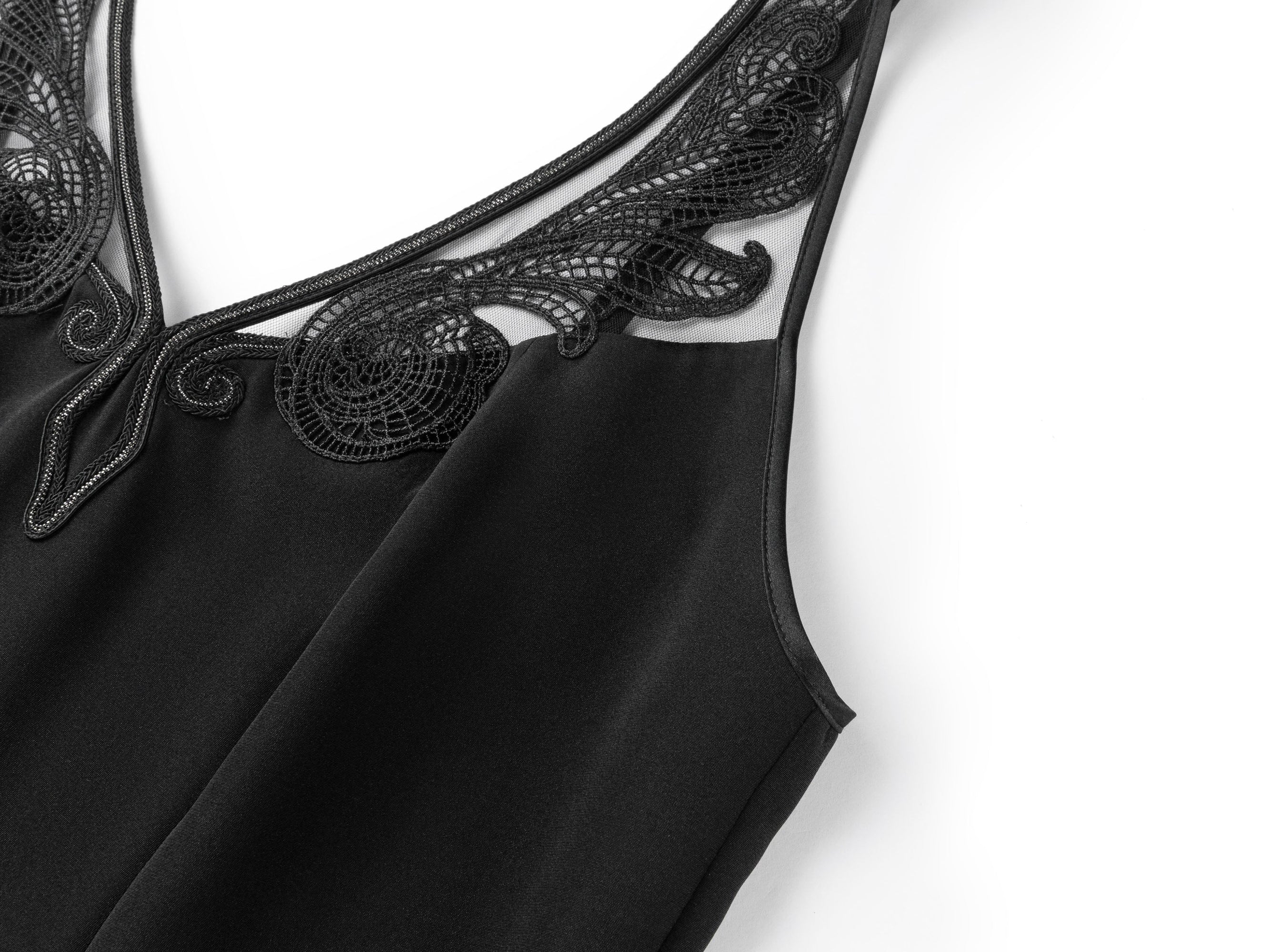 Silk V-Neck Embroidered Sleeveless Waist-Defining Dress | Black