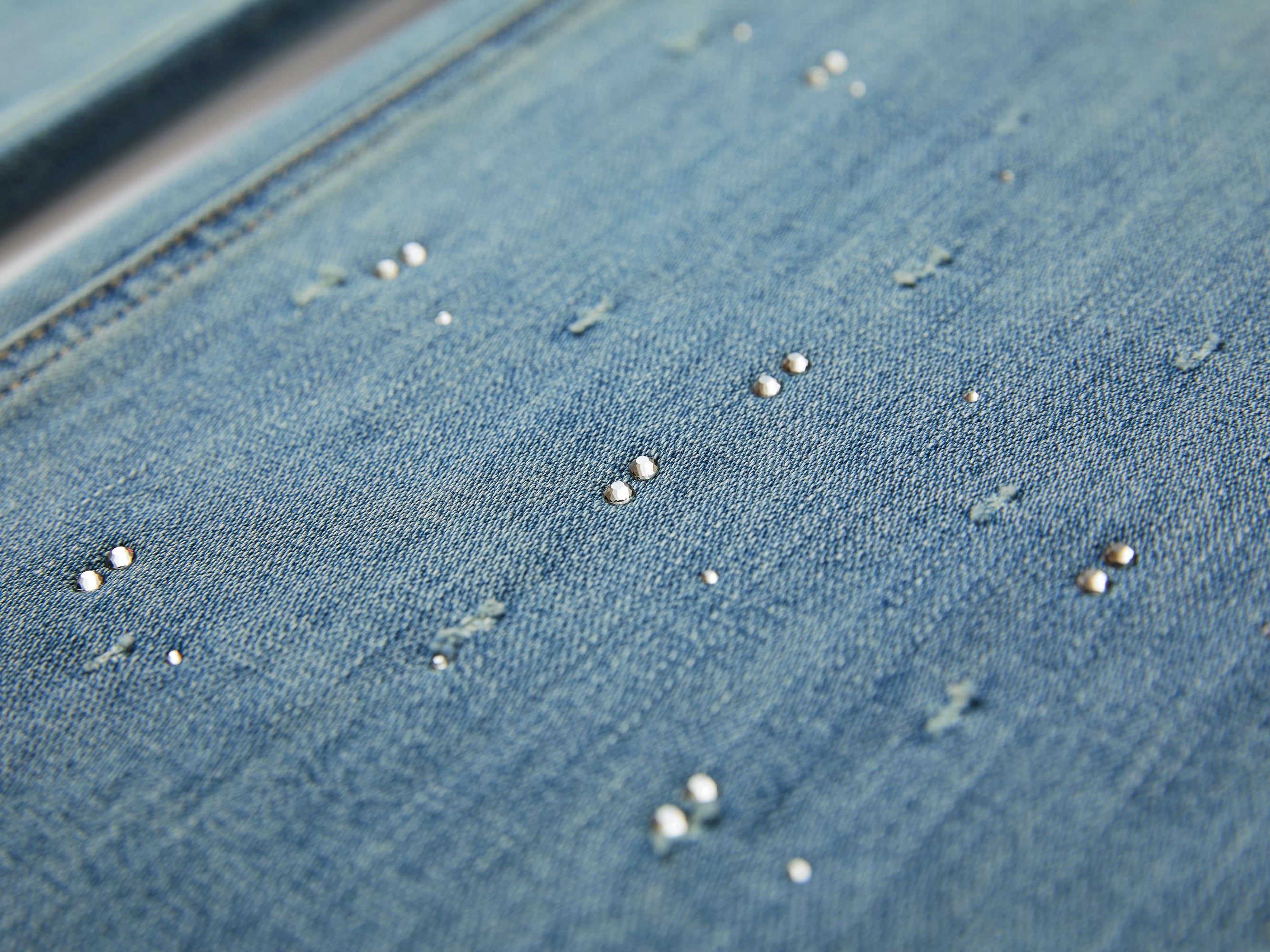 Rhinestone Cotton High-Waist Straight-Leg Jeans | Blue