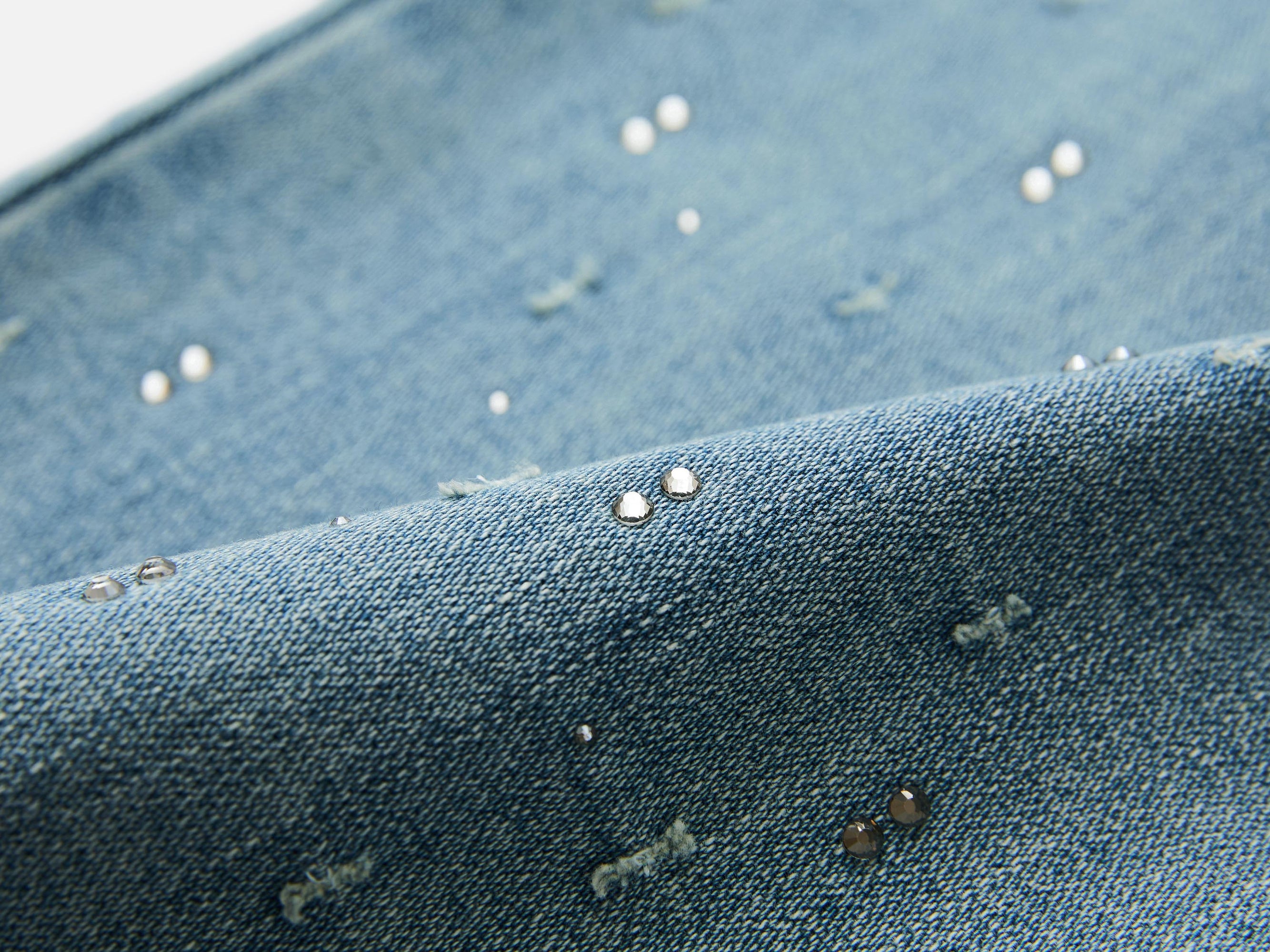 Rhinestone Cotton High-Waist Straight-Leg Jeans | Blue