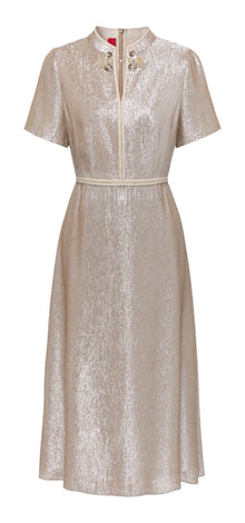 Silk Velvet Jacquard Cinched-Waist Dress | Ivory
