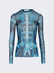 Women | Jean Paul Gaultier | Mesh Long Sleeve Top | Blue Écorché Print