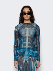 Women | Jean Paul Gaultier | Mesh Long Sleeve Top | Blue Écorché Print