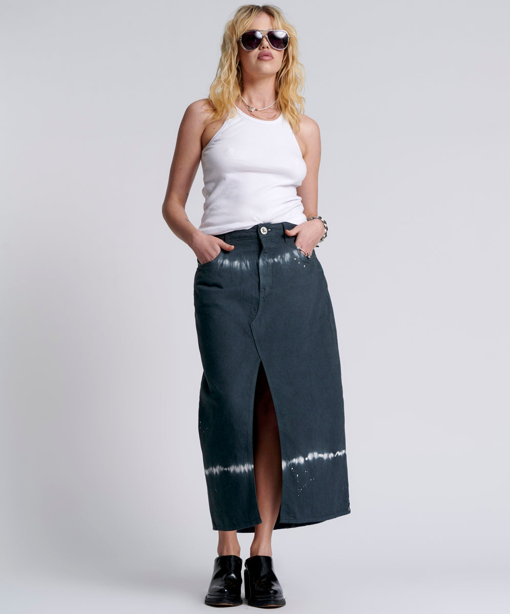 Rocko Mid Waist Long Length Denim Skirt | Black Magic