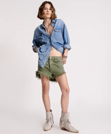 Outlaws Low Waist Mid Length Denim Shorts | Military Khaki