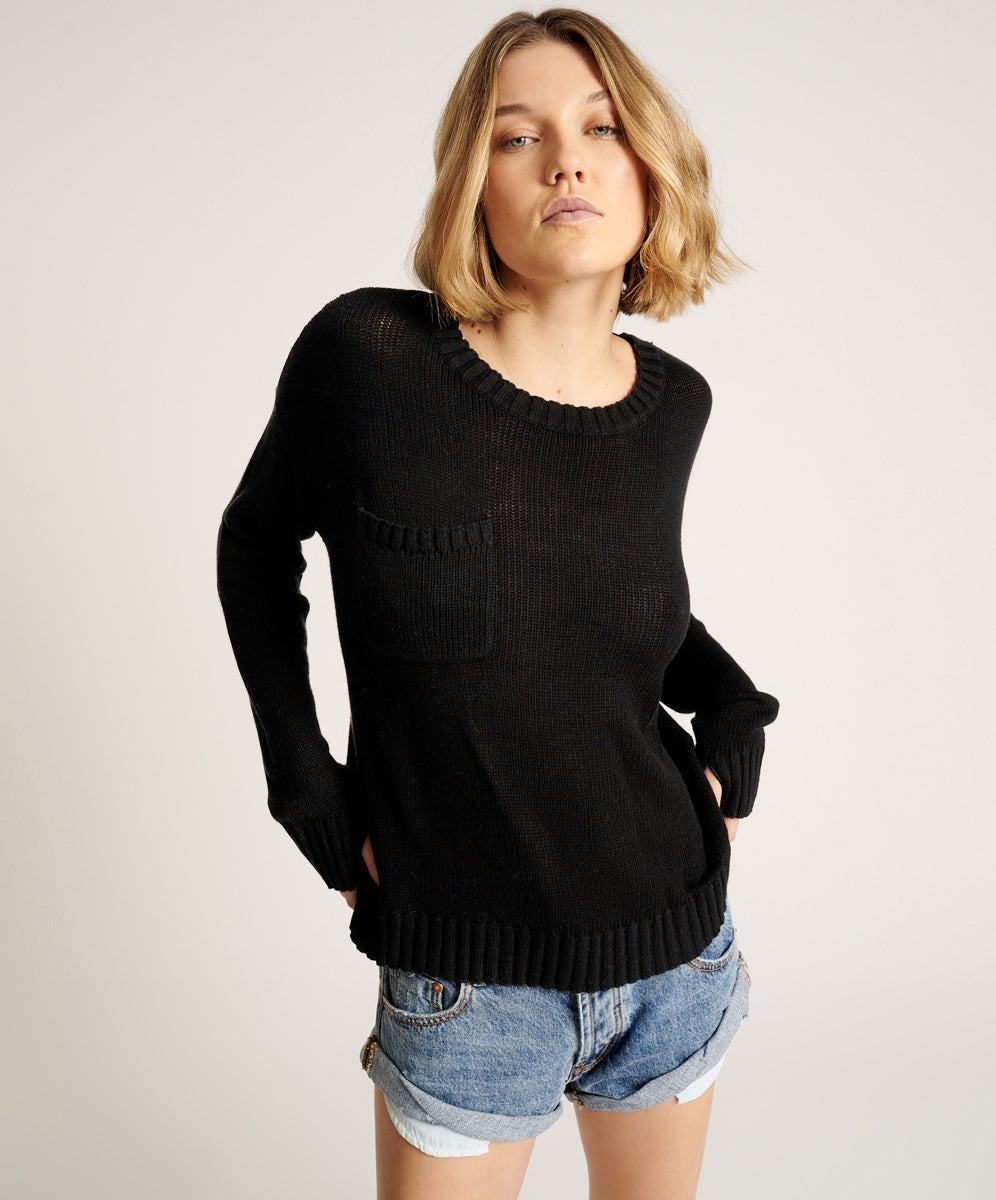 Classic Pocket Chunky Knit Sweater | Black