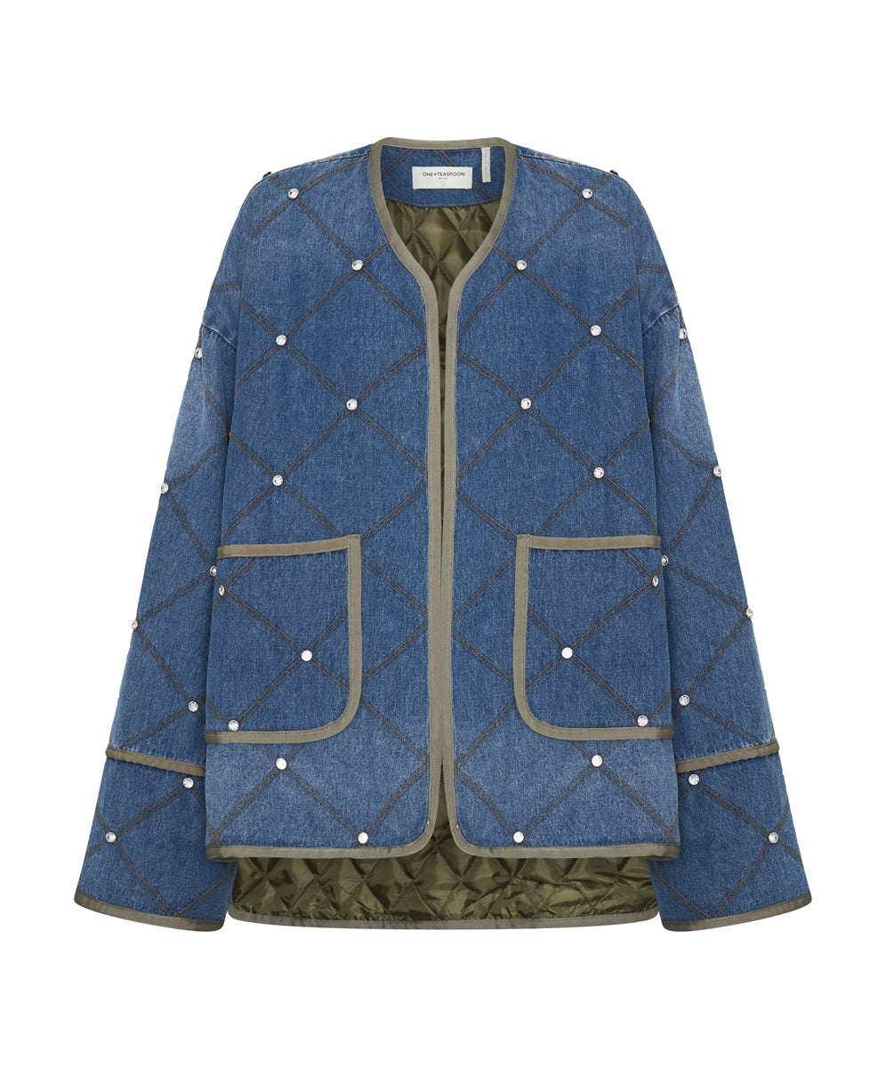 Quilted Crystal Studded Denim Jacket | Bay Blue