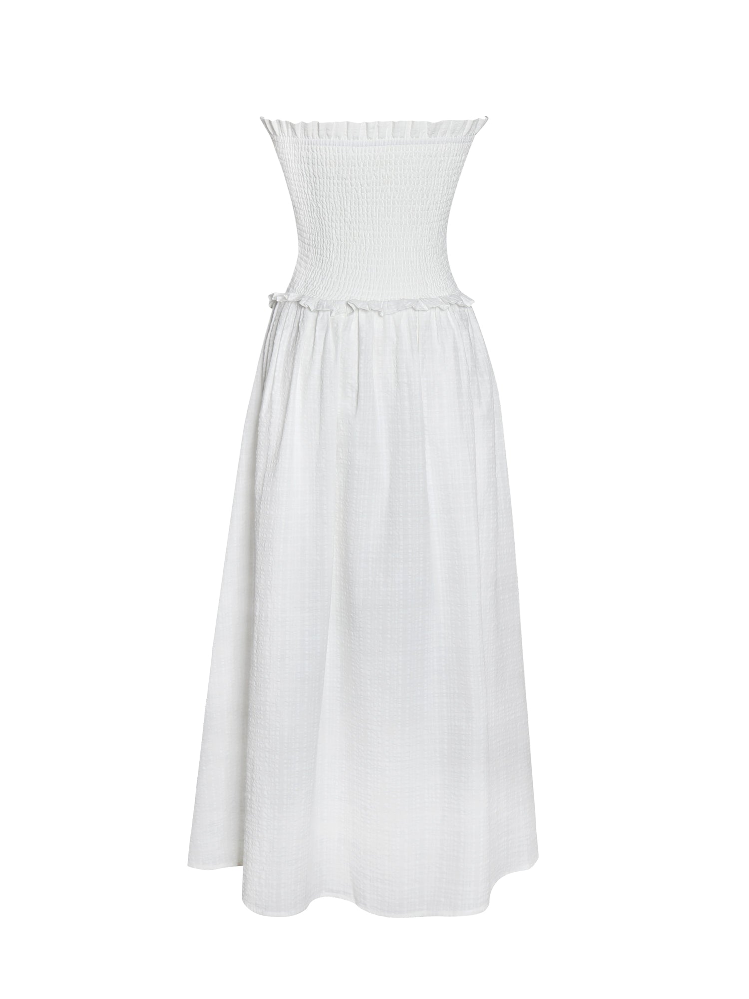 Quadiya Cotton Seersucker Smocked Strapless Midi Dress | White