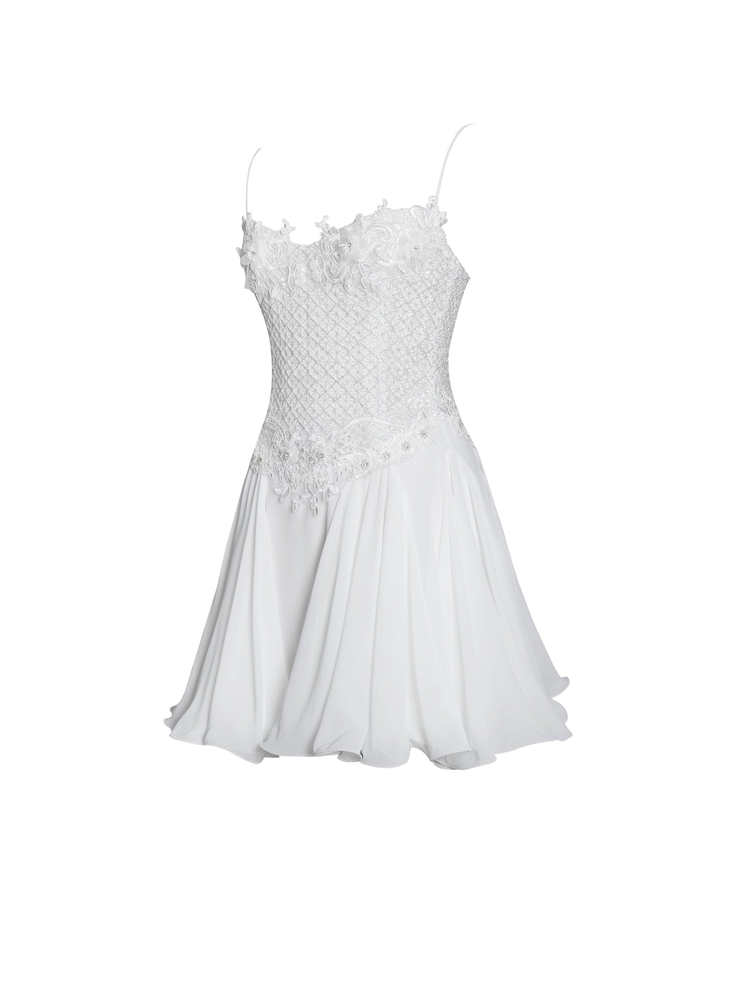 Fabiola Lace Trim Net Top Mini Flare Chiffon Dress | Silver