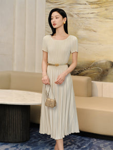 Pleated Waist-Cinched Dress | Golden
