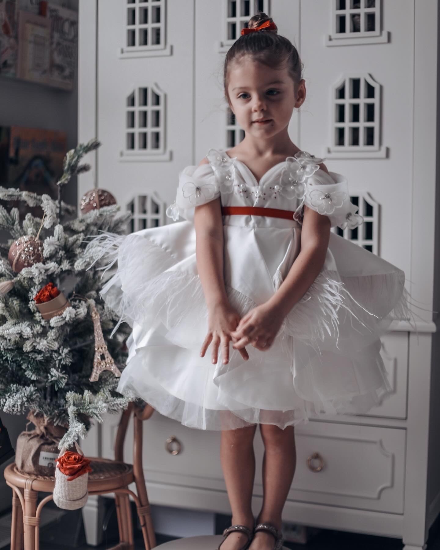 Constanza White Ceremony  Dress with Red Bow | Red