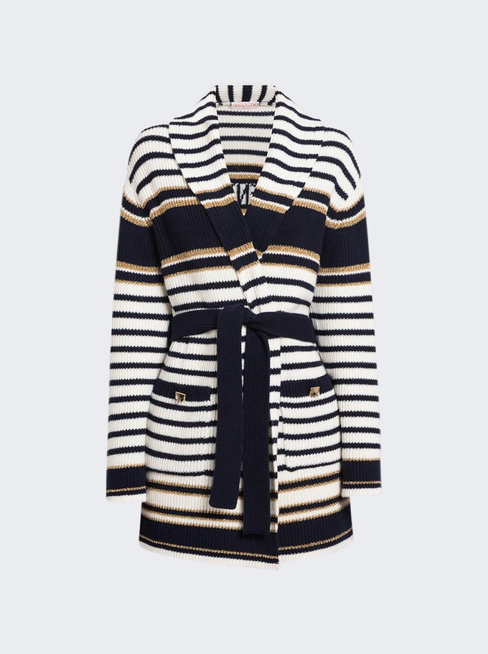 Women | VALENTINO | Wool Striped Long Cardigan | White & Navy