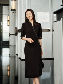 Chinese Style Waist-Cinched Dress | Black