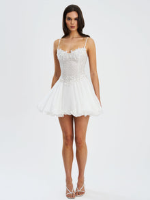 Fabiola Lace Trim Net Top Mini Flare Chiffon Dress | Silver
