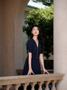 Silk V-Neck Dress | Navy