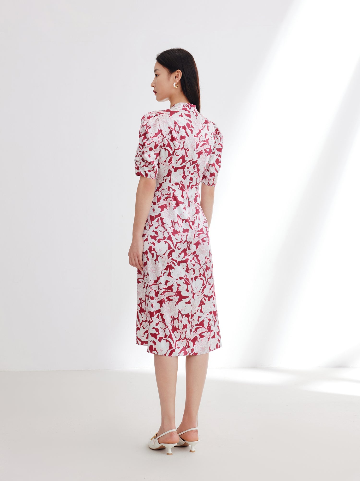 Silk Printed Waist-Cinched Dress | Red