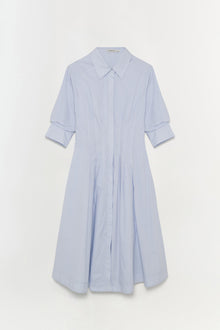 Light blue button-front midi dress with collar and three-quarter sleeves on white background.