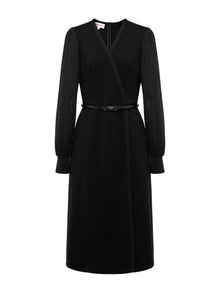 V-Neck Sheer Textured Sleeve Midi Dress | Black