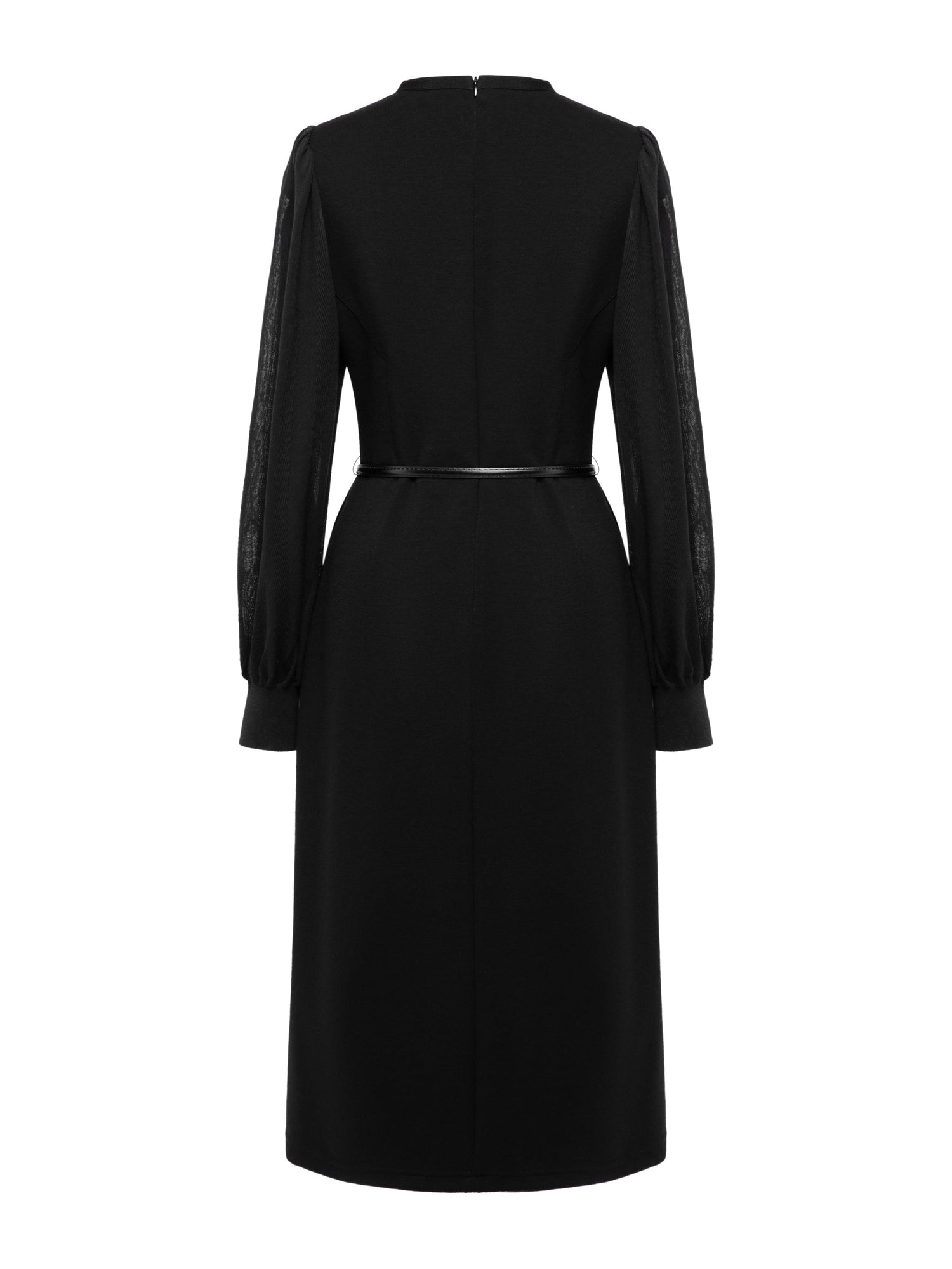 V-Neck Sheer Textured Sleeve Midi Dress | Black