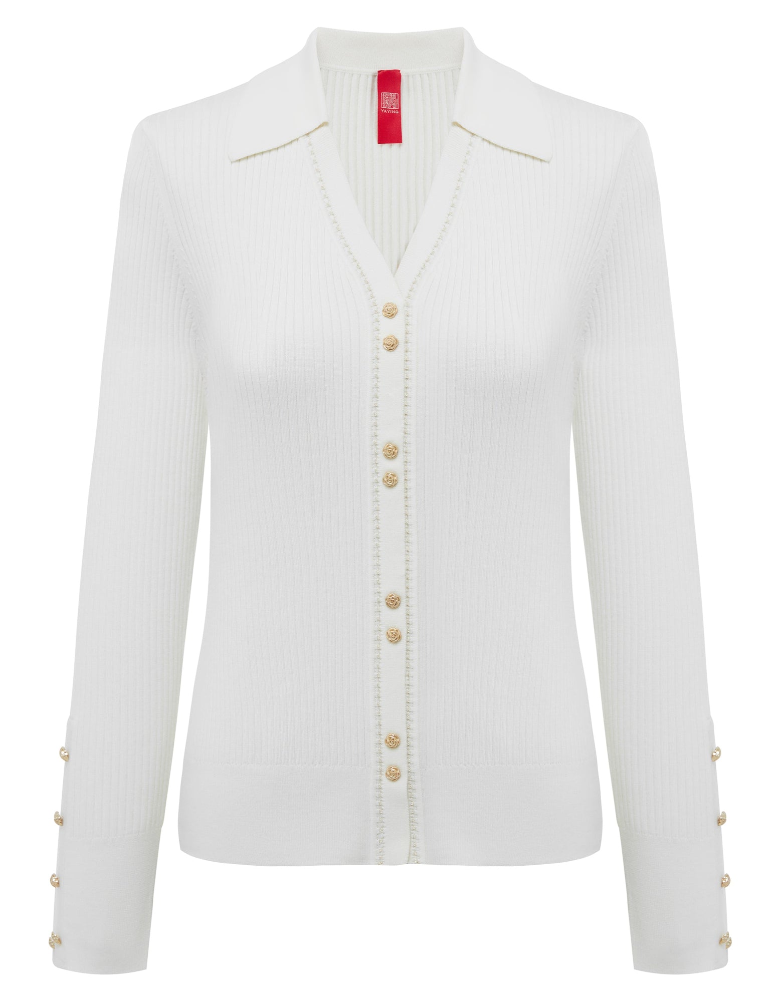 Button V-Neck Ribbed Knit Top | White