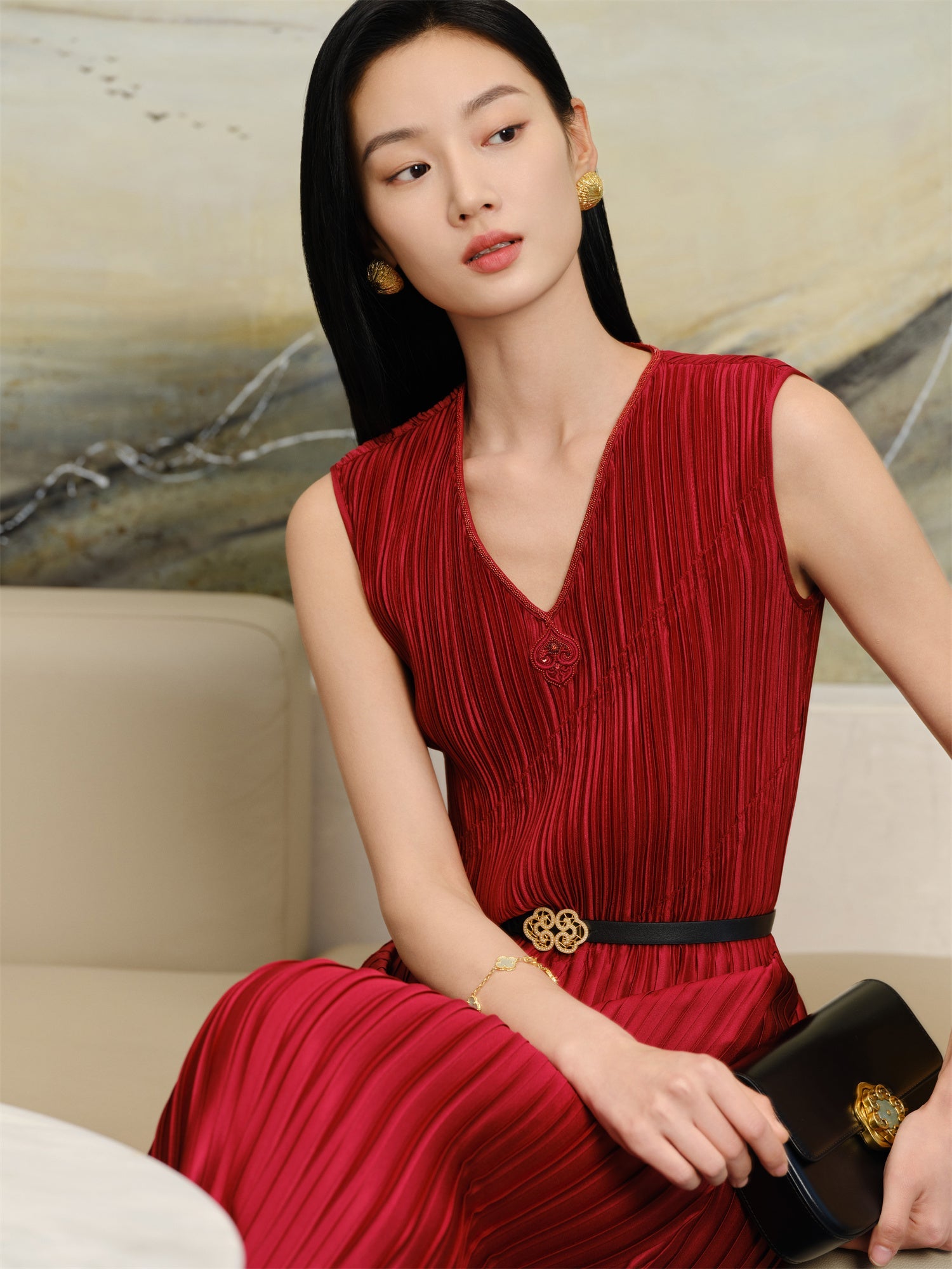 Pleated Waist-Cinched Dress | Red