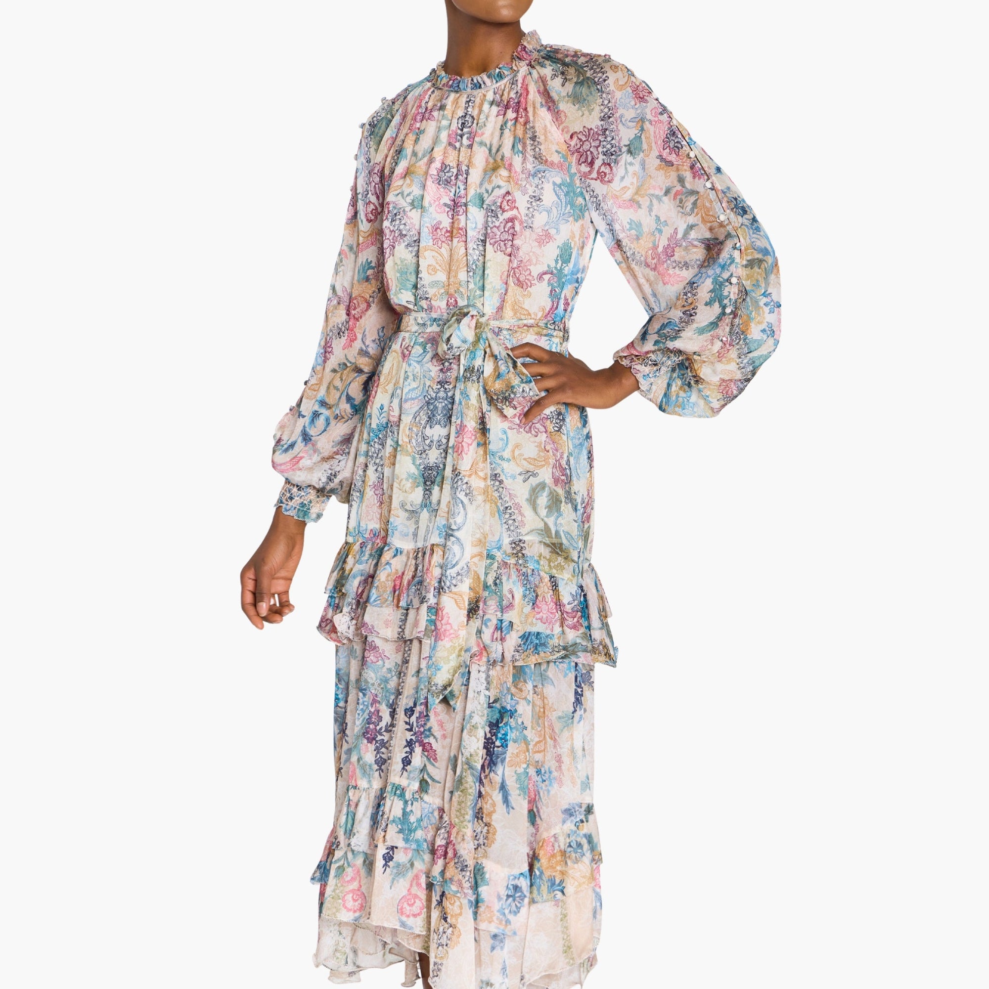 Reverie Belted Ruffle Midi Dress | Stone Multi