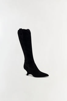 Black suede knee-high boot with a pointed toe and curved heel, shown in profile against a neutral background.