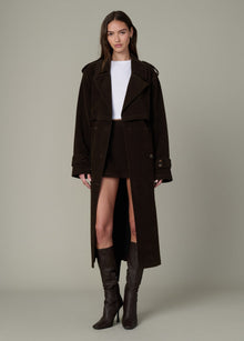 The Elizabeth Vegan Suede Trench Coat in Dark Chocolate – stylish and sustainable women's winter coats.