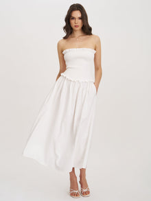 Quadiya Cotton Seersucker Smocked Strapless Midi Dress | White
