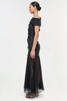 Black midi dress with off-shoulder neckline, ruched side detail, and pleated sheer skirt.