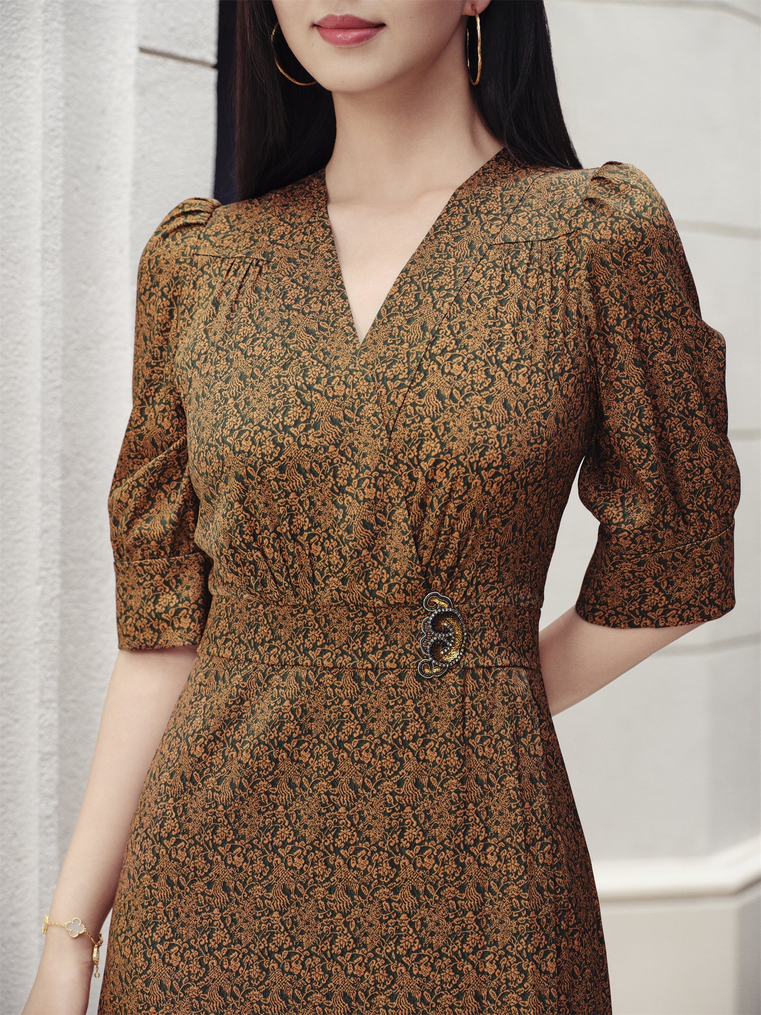 One-Piece Tea-Length Dress | Brown