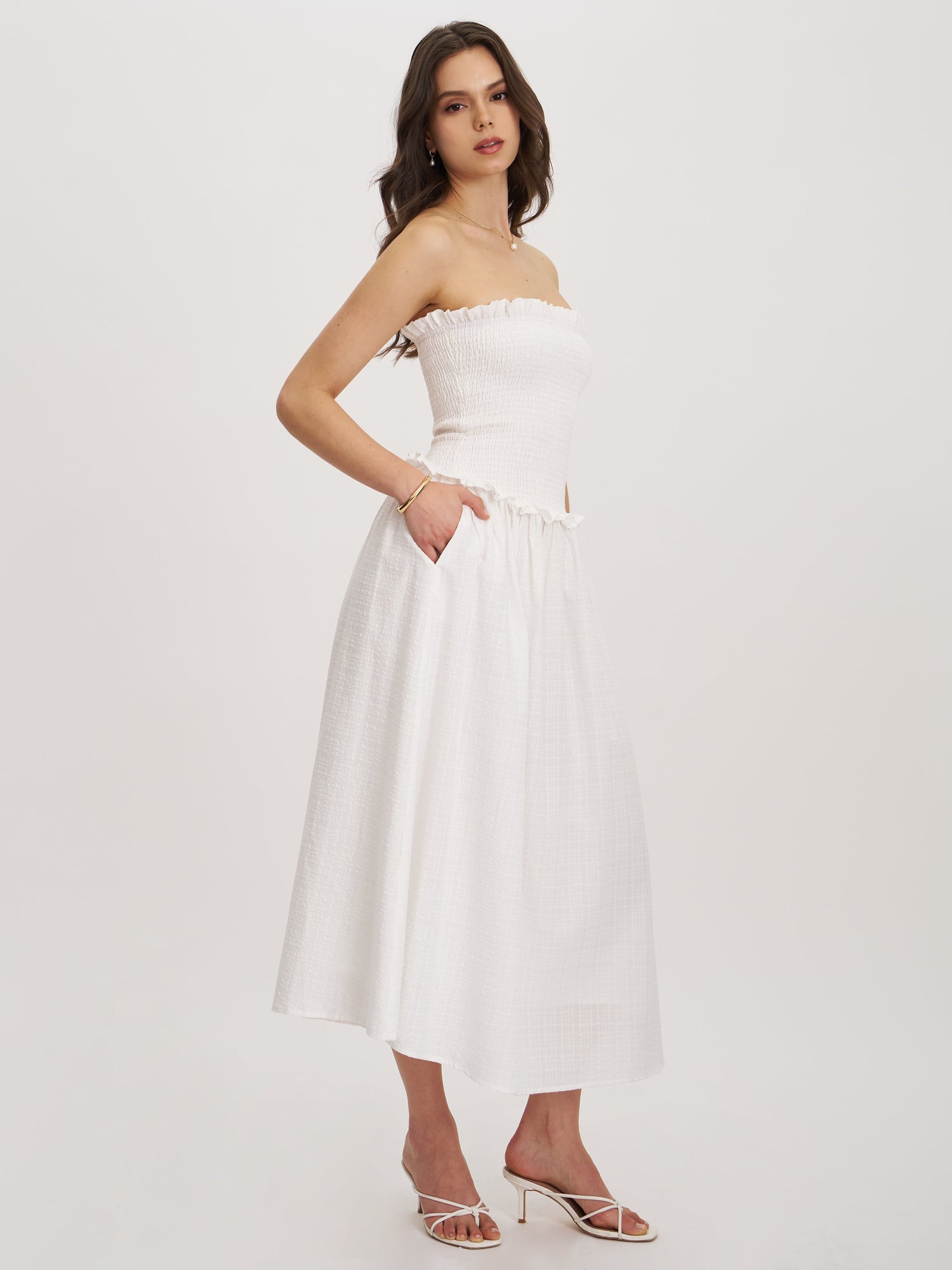 Quadiya Cotton Seersucker Smocked Strapless Midi Dress | White