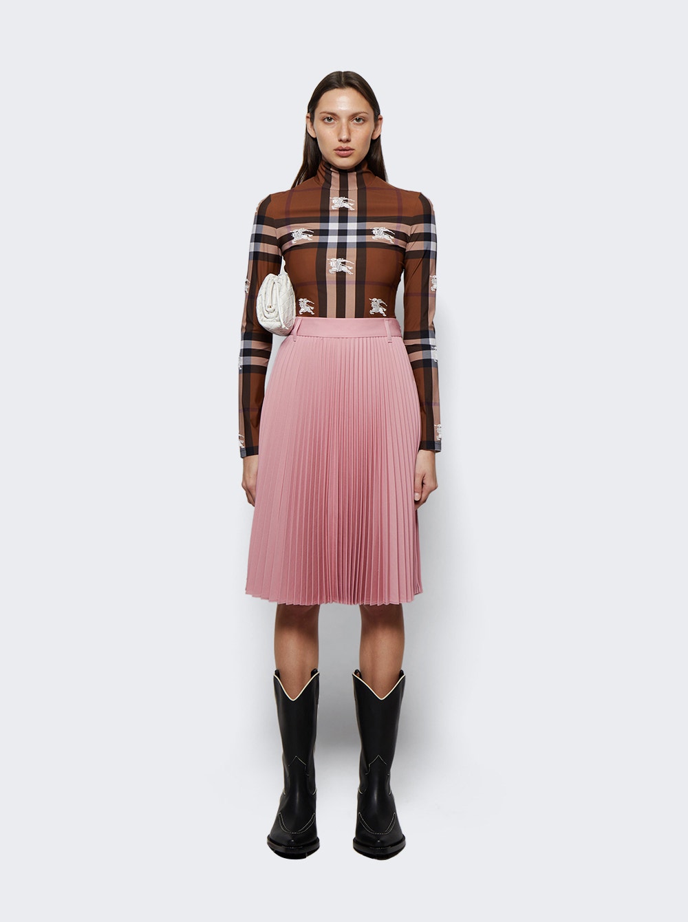 Women | BURBERRY | Embroidered Check Stretch Jersey Bodysuit Dark Birch Brown