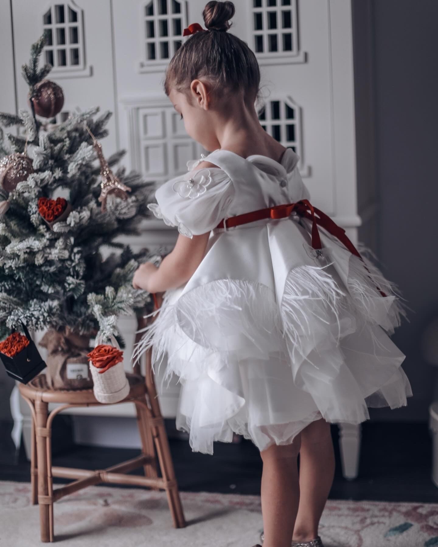 Constanza White Ceremony  Dress with Red Bow | Red