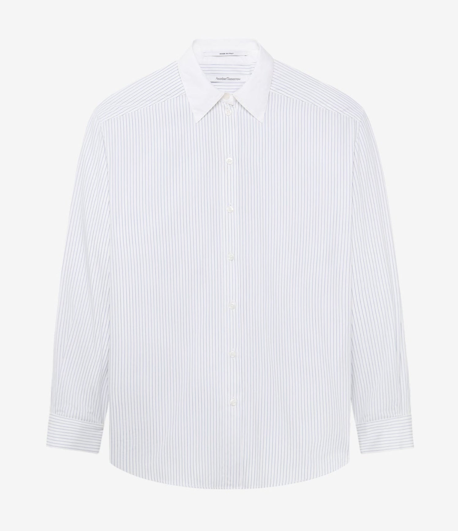 Another Tomorrow Pleat Back Poplin Shirt in Blue Stripe – Cotton Women's Top