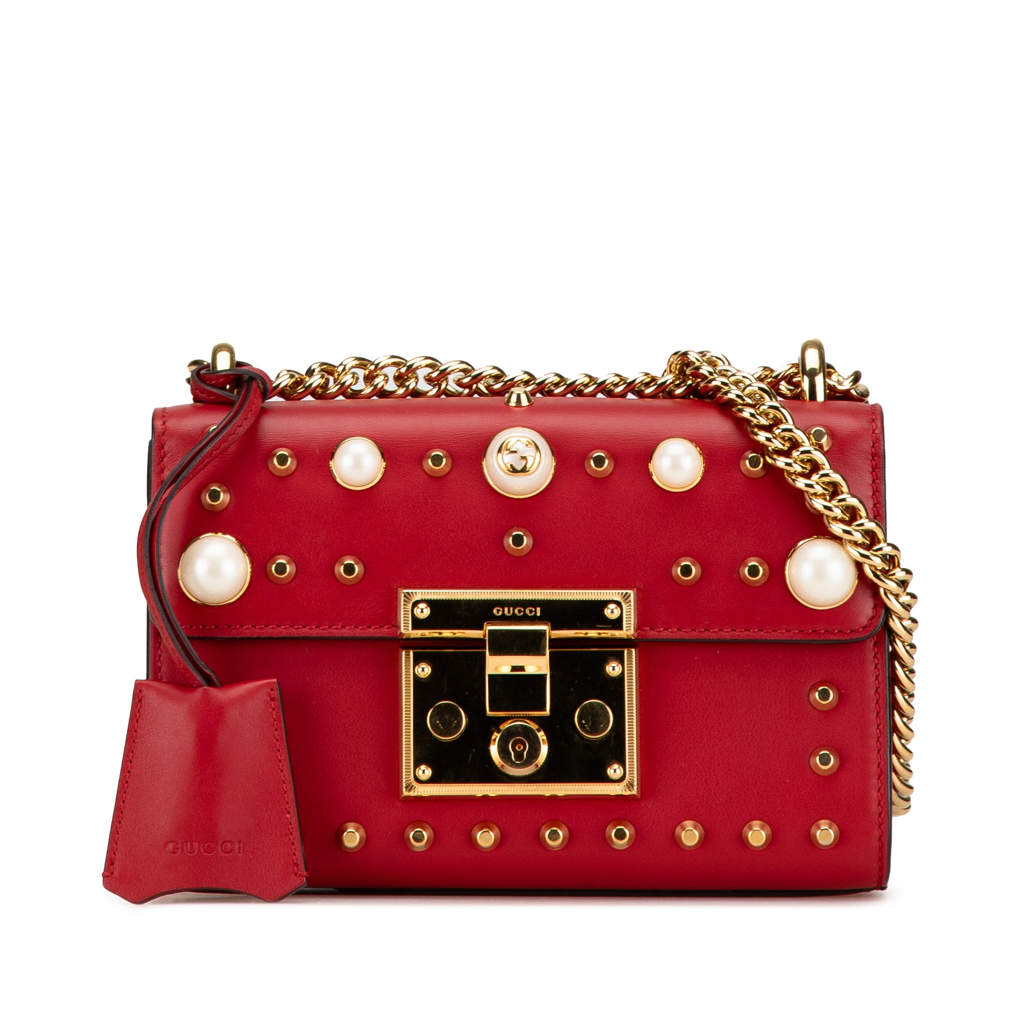 Gucci | Pre-Owned Small Pearl Studded Leather Padlock Crossbody | Red