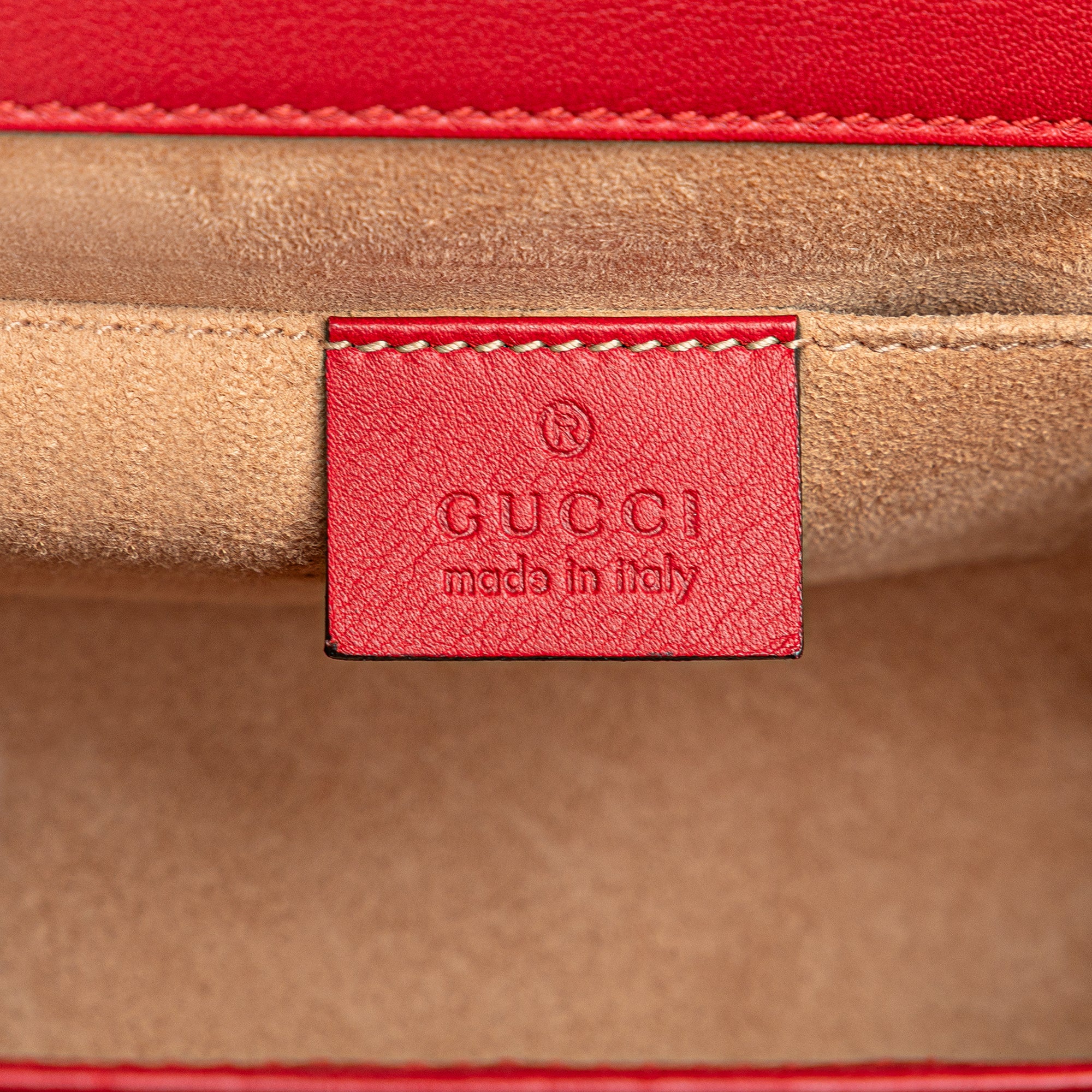 Gucci | Pre-Owned Small Pearl Studded Leather Padlock Crossbody | Red