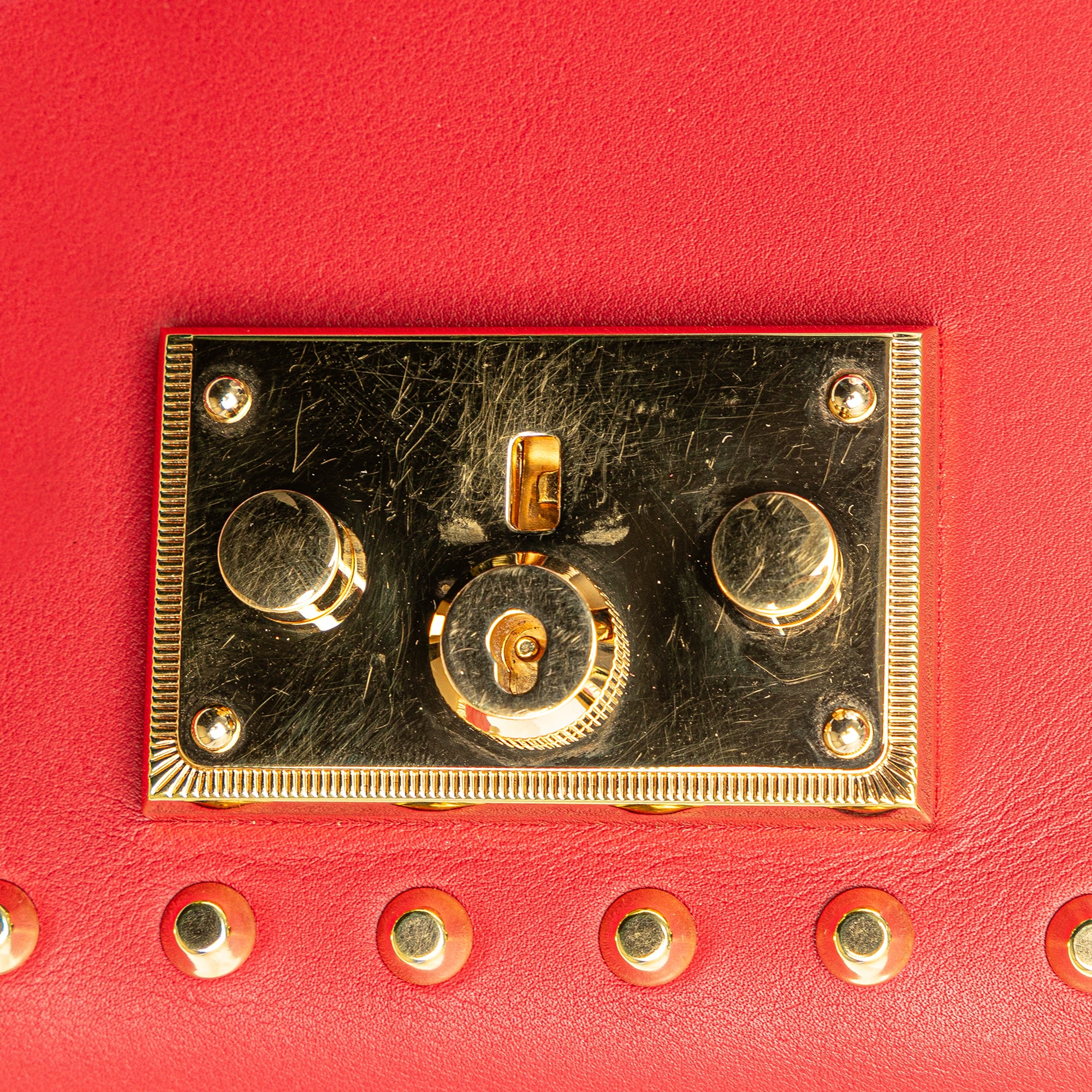 Gucci | Pre-Owned Small Pearl Studded Leather Padlock Crossbody | Red