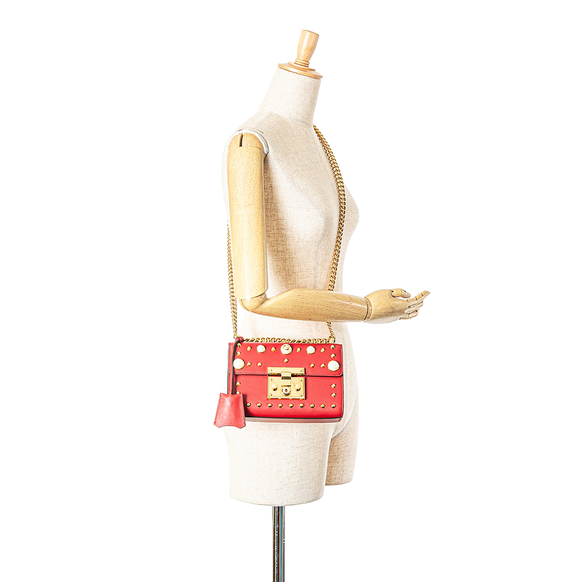 Gucci | Pre-Owned Small Pearl Studded Leather Padlock Crossbody | Red