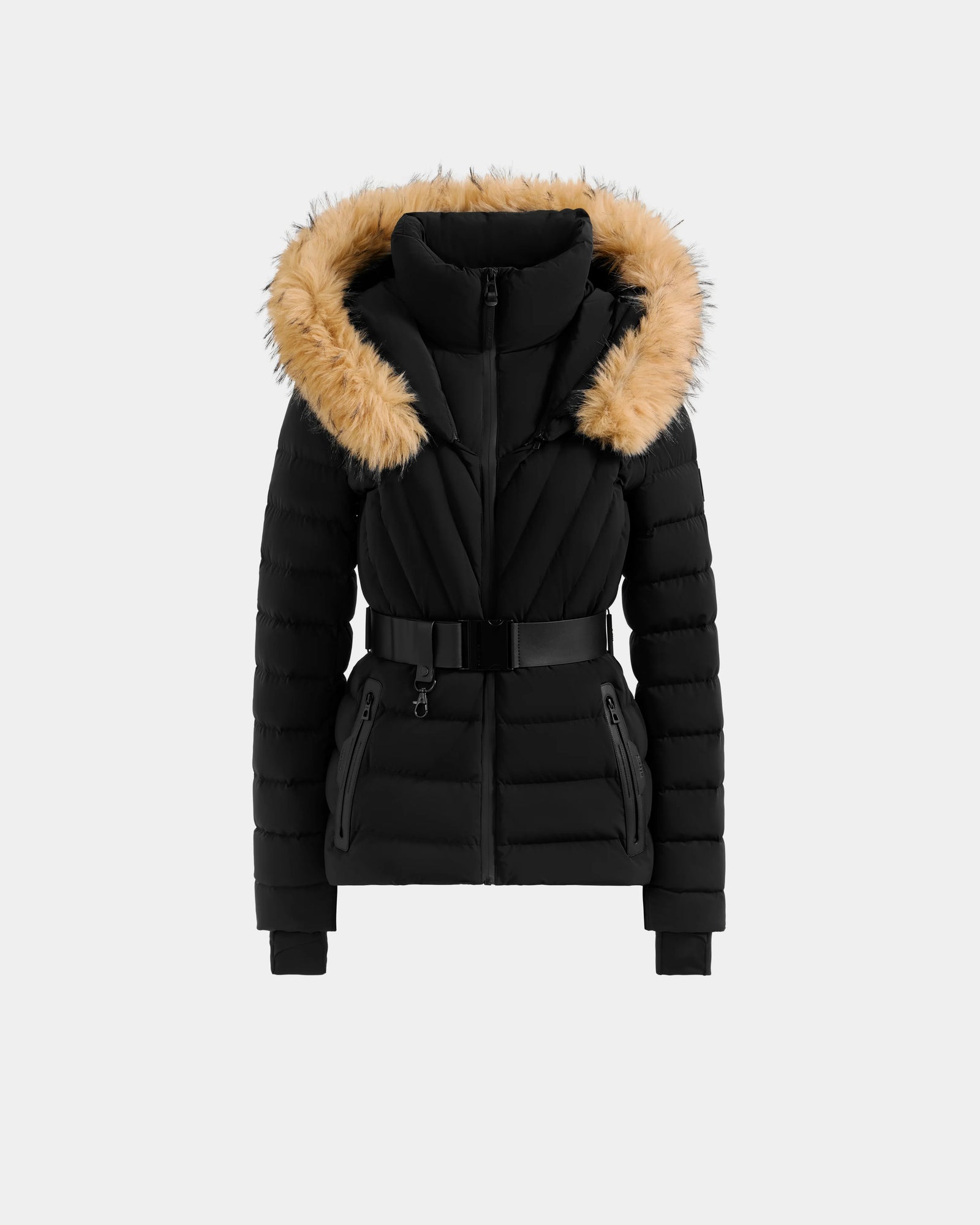 The Rudsak ALISA F - L125527 Black is a black quilted puffer jacket with a belted waist, zippered pockets, and a hood with tan faux-fur trim, shown on a plain light gray background.