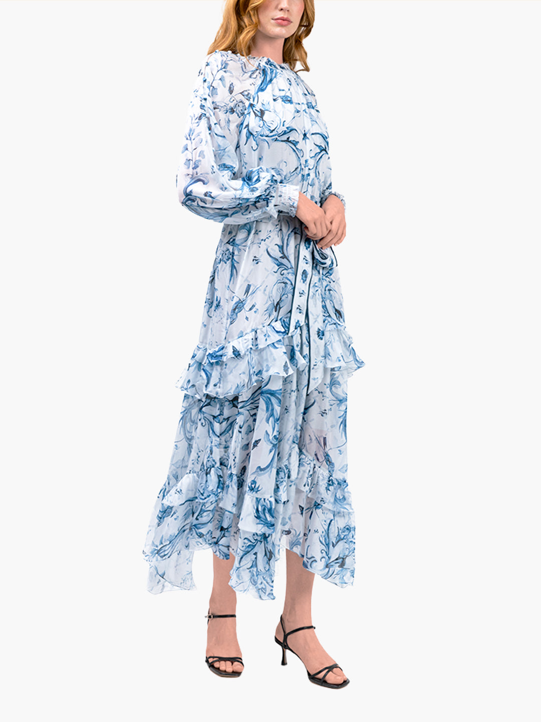 Swan Print Chiffon Belted  Maxi Dress | Blue