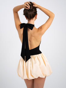 Yaira Backless Drop Waist Mini Bubble Dress | Black/Beige