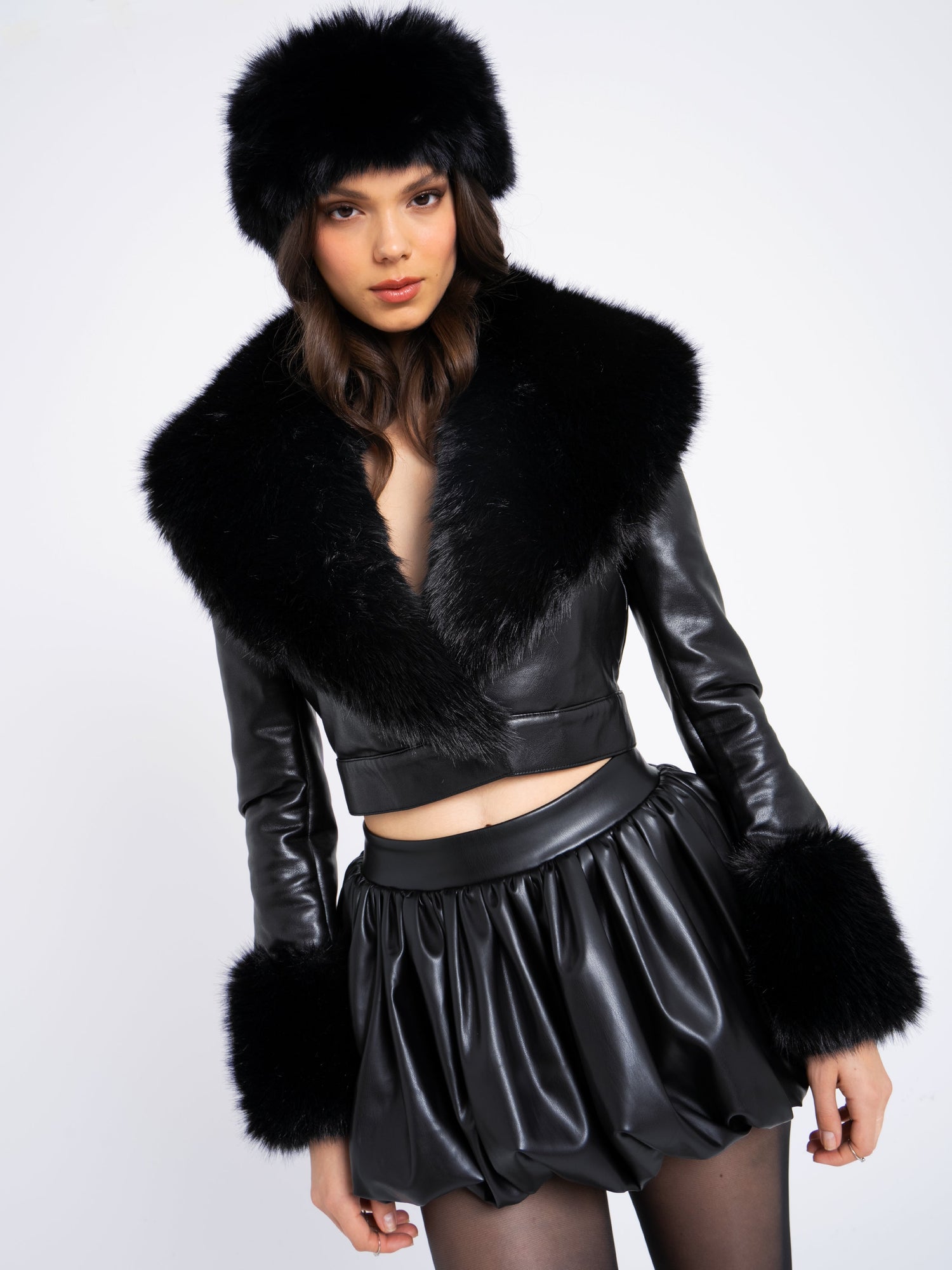 Ziah Cropped Leather Jacket with Fur Collar | Black