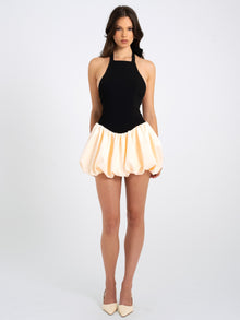 Yaira Backless Drop Waist Mini Bubble Dress | Black/Beige